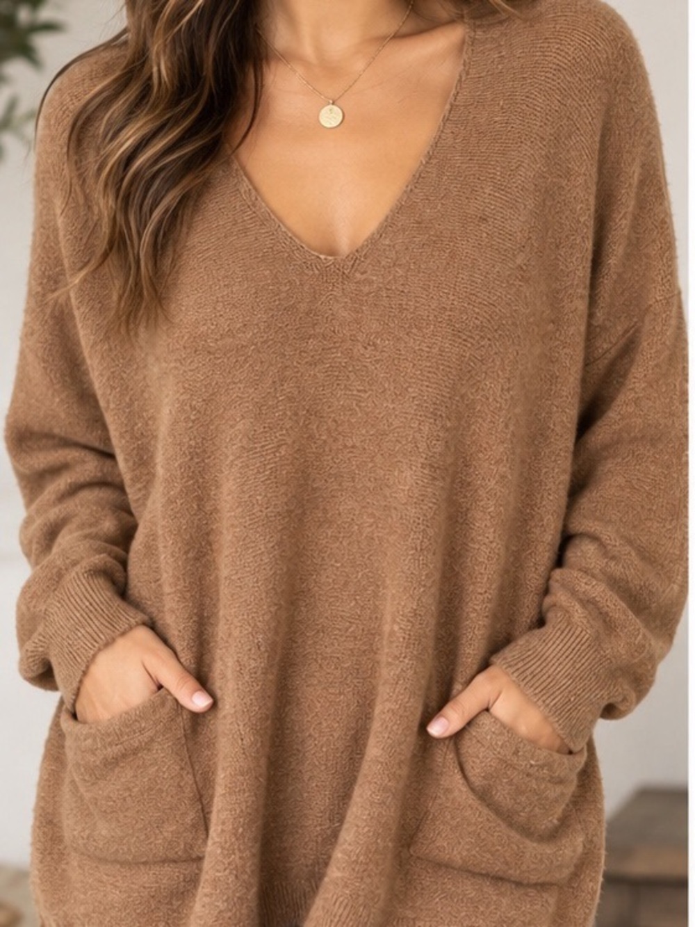 Cozy V-Neck Pocket Sweater in Camel